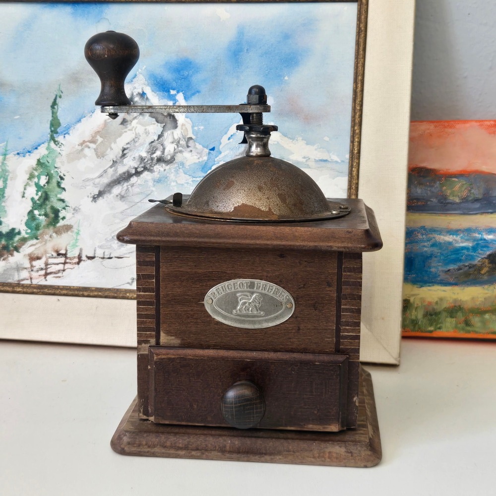 Vintage Peugeot Freres Coffee Grinder Wood & Metal Manual Mill Primitive Rustic